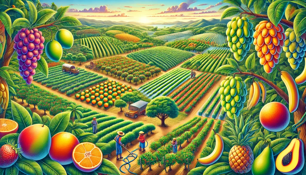 Frutas frescas e coloridas em uma feira ao ar livre no Brasil, destacando a diversidade da produção frutícola nacional, como mangas, bananas e laranjas.