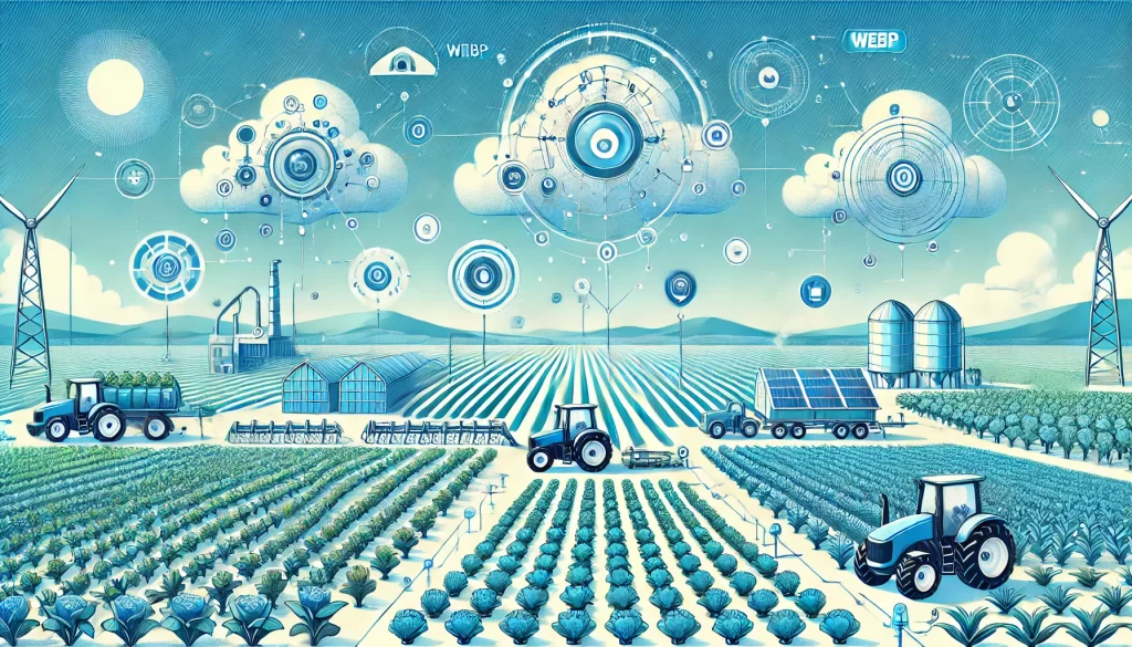 Ilustração de monitoramento digital de pragas em uma lavoura, mostrando armadilhas automatizadas e sensores conectados para coleta de dados em tempo real, promovendo agricultura sustentável.