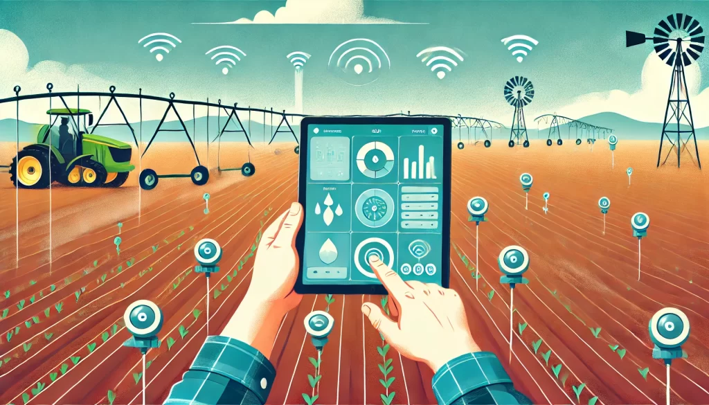 Gráfico ilustrativo sobre irrigação baseada em dados, mostrando sensores de umidade do solo e estações meteorológicas que coletam informações sobre o clima e o solo, com ícones representando análise de dados e automação. O gráfico destaca os benefícios dessa tecnologia para a eficiência do uso da água na agricultura, incluindo aumento da produtividade e sustentabilidade ambiental.