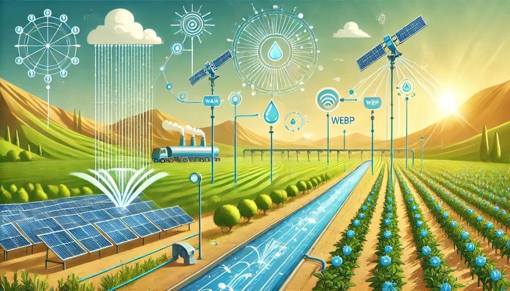 "Ilustração de um sistema automatizado de gestão de água em um ambiente agrícola, com irrigação alimentada por energia solar, sensores e práticas agrícolas sustentáveis."