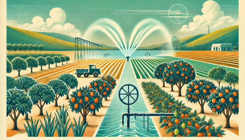 Ilustração semi-realista de irrigação a partir do Rio São Francisco em um campo agrícola com árvores frutíferas como manga, uva e cítricos, mostrando a água sendo canalizada para a plantação.