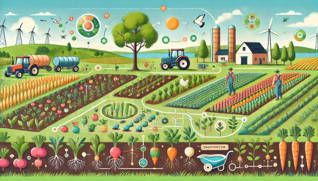 Ilustração representando práticas de agricultura regenerativa, com paisagem agrícola vibrante incluindo rotação de culturas, árvores integradas e métodos sustentáveis de cultivo, destacando a biodiversidade e a saúde do solo.