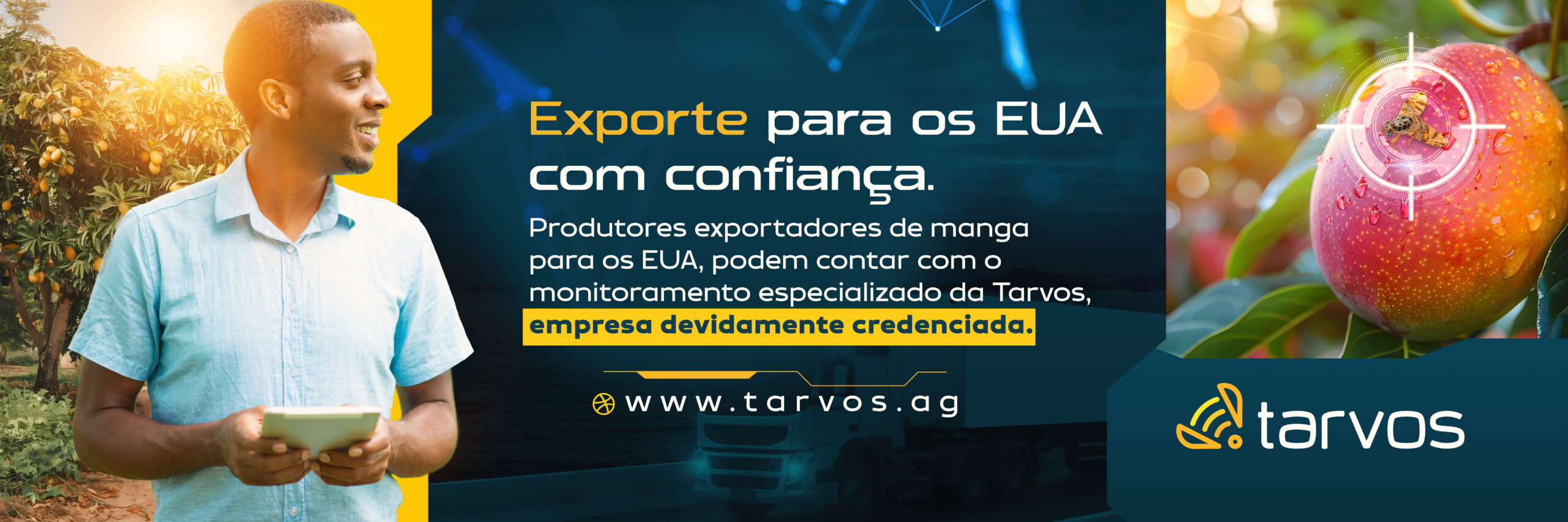 Monitoramento de pragas para produtores de manga que exportam para os Estados Unidos, destacando a solução de acompanhamento em tempo real para garantir conformidade com os padrões de qualidade exigidos pelo mercado internacional.